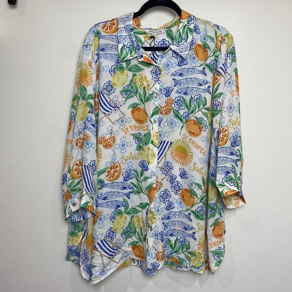 Rose + Olive Sz 3X Blouse Top Tropical Orange Yellow Blue Fish 3/4 Sleeve New